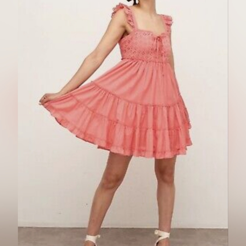 Nobody's Child Short Broidery Anglaise Coral Pink Cotton Dress Size 10 - Picture 9 of 11